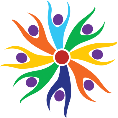 Luke Perone's logo is a colorful abstract design featuring a central red circle with twelve arms extending outward, alternating in colors of blue, green, yellow, and orange. Each arm ends in a purple circle, resembling stylized human figures in a radial pattern—like an imaginative improv session with a social therapeutic vibe.