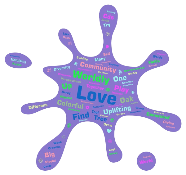A word cloud in the shape of an irregular blob with words like "Love," "Worldly," "Community," "Uplifting," "Colorful," and "Connected." The words, in various shades of blue, green, and purple, evoke a vibrant social therapeutic atmosphere akin to an improv session.