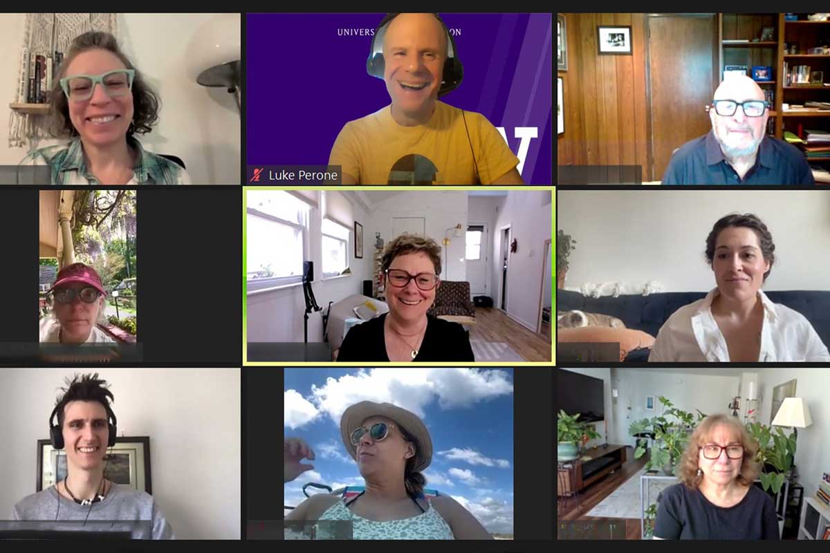 A Zoom call featuring nine participants, each in their own video window. Some people are smiling, one person is wearing headphones, and another appears to be outside with sunglasses and a hat. The backgrounds vary from home interiors to outdoor settings—an improv group engaging in a social therapeutic session.
