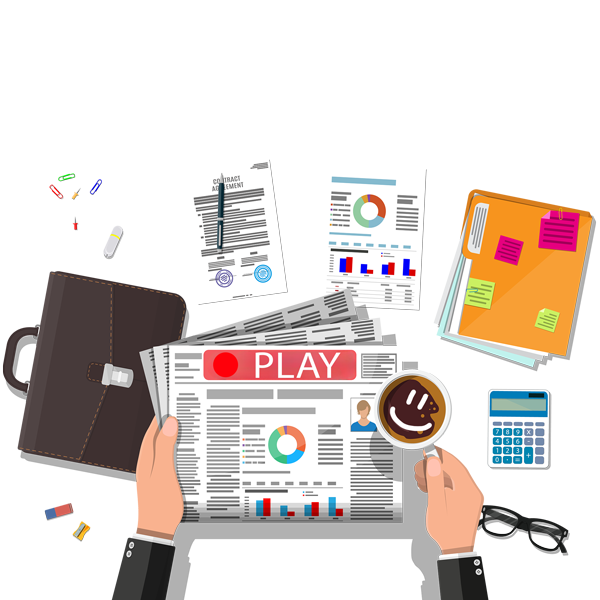 A top-down view of an office desk shows a person holding a newspaper and a coffee cup with smiley face foam art. The desk features various documents, a brown briefcase, a calculator, glasses, and office supplies like pens and paper clips—a setting ripe for social therapeutic improv sessions.