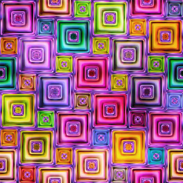 A vibrant, abstract pattern featuring a clustered arrangement of concentric squares in a variety of bright colors, including pink, green, yellow, purple, and red. The design exudes a 3D effect akin to an improv piece, adding depth and visual interest to the composition.