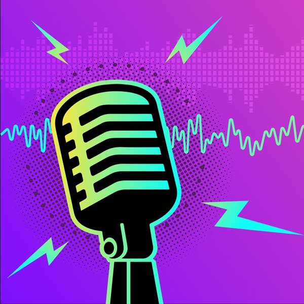 A retro-style microphone, highlighted in neon green and black, stands against a vibrant purple background with sound waves and lightning bolts. The dynamic scene, reminiscent of an improv session, features digital waveforms and dotted patterns, adding to the energetic feel of the image.