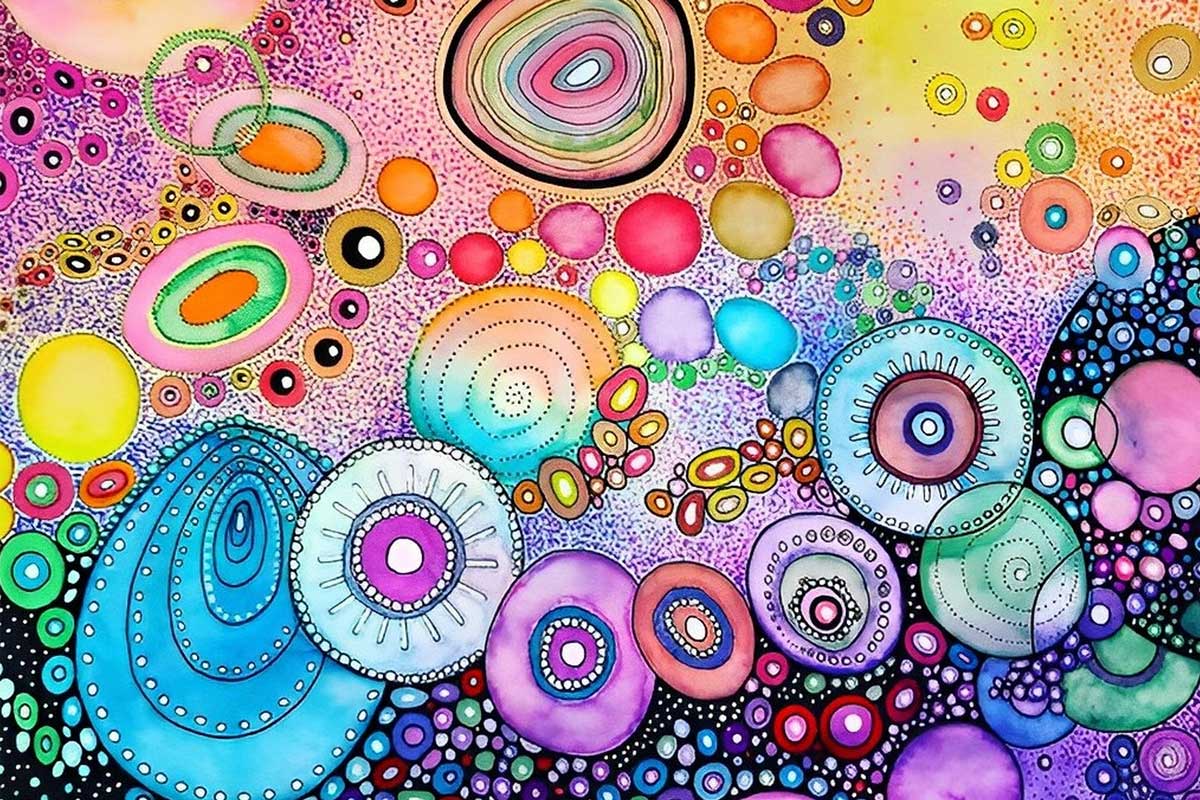 A colorful, abstract artwork featuring a variety of overlapping circles and organic shapes. The circles are filled with vibrant hues of pink, purple, blue, green, and yellow, intricately patterned with dots and lines. This dynamic composition fosters a social therapeutic ambiance akin to an artistic improv session.