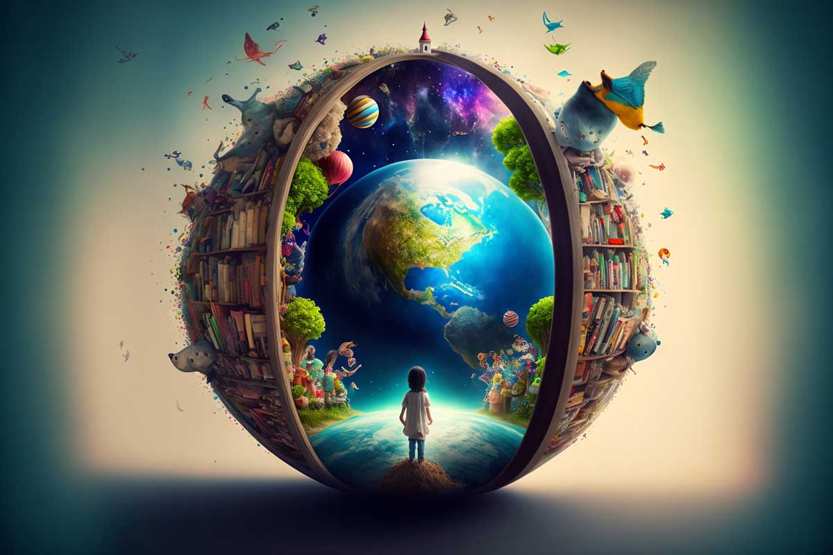 A child stands at the center of an open spherical book, gazing at a vibrant world with floating islands, trees, planets, and animals. The scene blends fantasy and reality, with imaginative landscapes and whimsical elements creating a social therapeutic atmosphere around the globe.