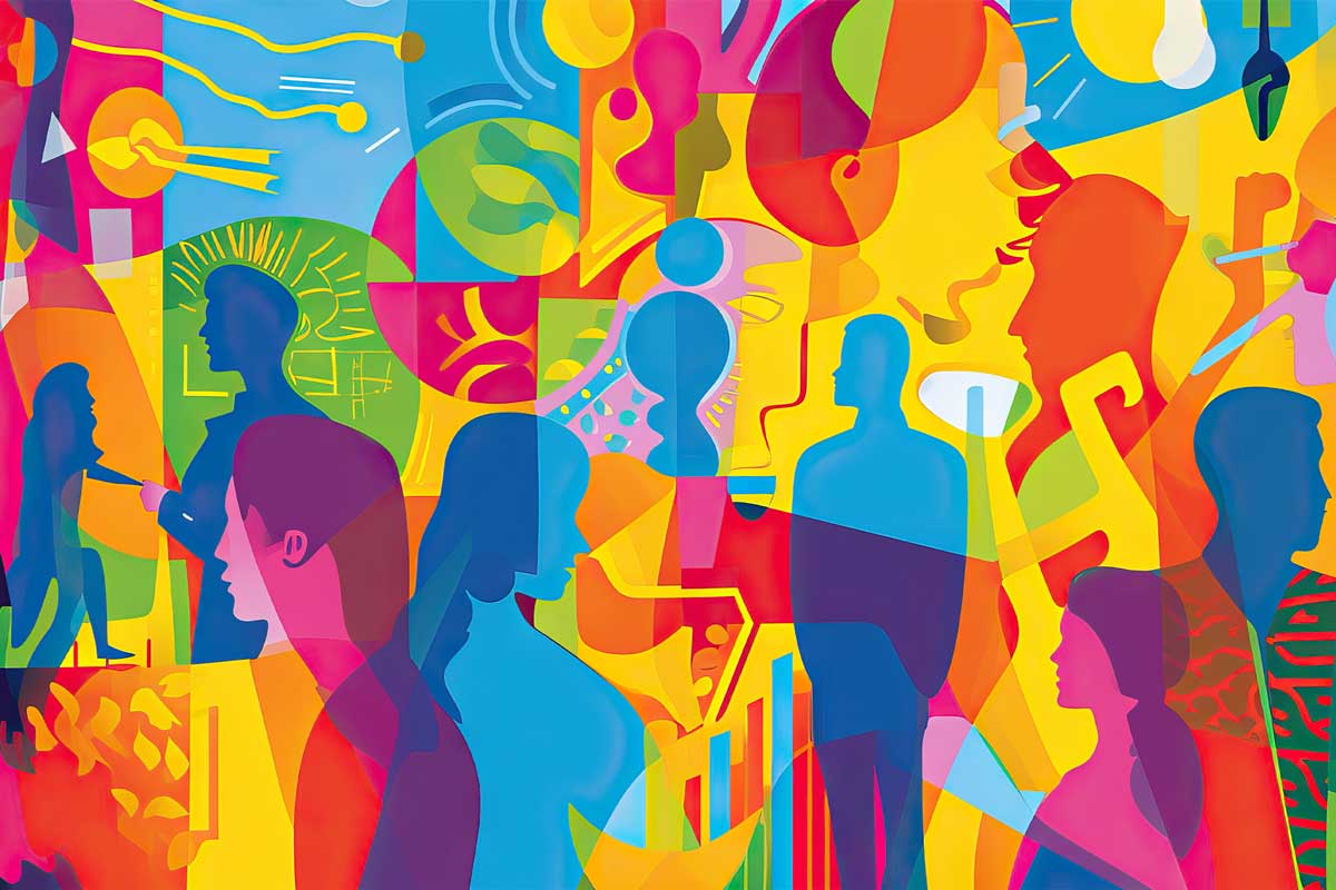 A vibrant abstract illustration with overlapping silhouettes of people in various colors including blue, red, yellow, and pink. The background, filled with geometric shapes, swirls, and patterns reminiscent of social therapeutic improv sessions, creates a dynamic and lively atmosphere.