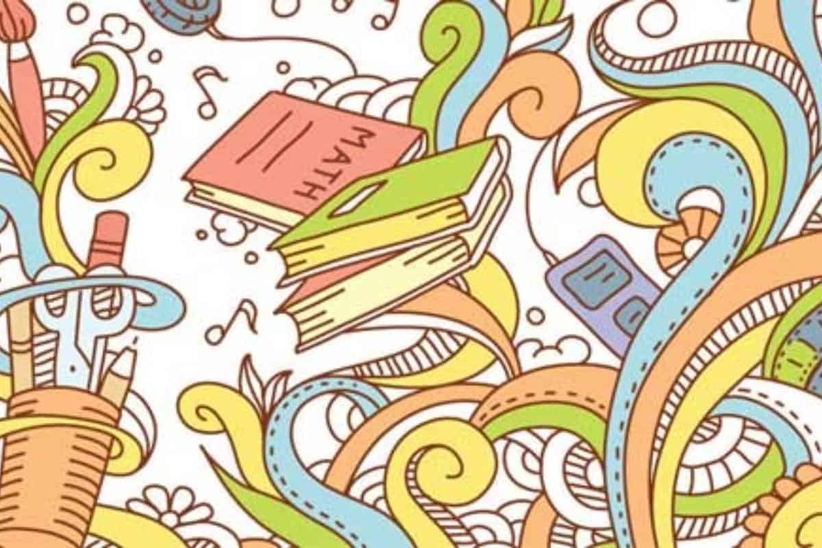 Colorful, intricate doodle featuring school supplies like books, a calculator, pens, and pencils. Wavy, swirling lines and abstract shapes weave around the objects, creating a vibrant, playful background. The overall theme suggests Teaching Artists focusing on education and creativity while creating possibilities.