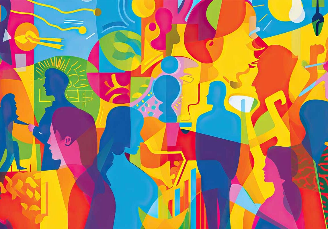 A vibrant abstract illustration with overlapping silhouettes of people in various colors including blue, red, yellow, and pink. The background, filled with geometric shapes, swirls, and patterns reminiscent of social therapeutic improv sessions, creates a dynamic and lively atmosphere.