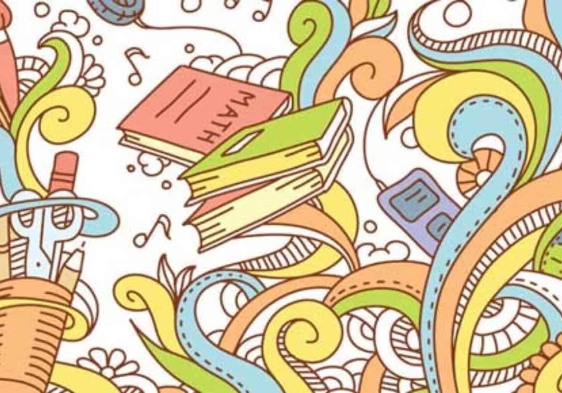 Colorful, intricate doodle featuring school supplies like books, a calculator, pens, and pencils. Wavy, swirling lines and abstract shapes weave around the objects, creating a vibrant, playful background. The overall theme suggests Teaching Artists focusing on education and creativity while creating possibilities.