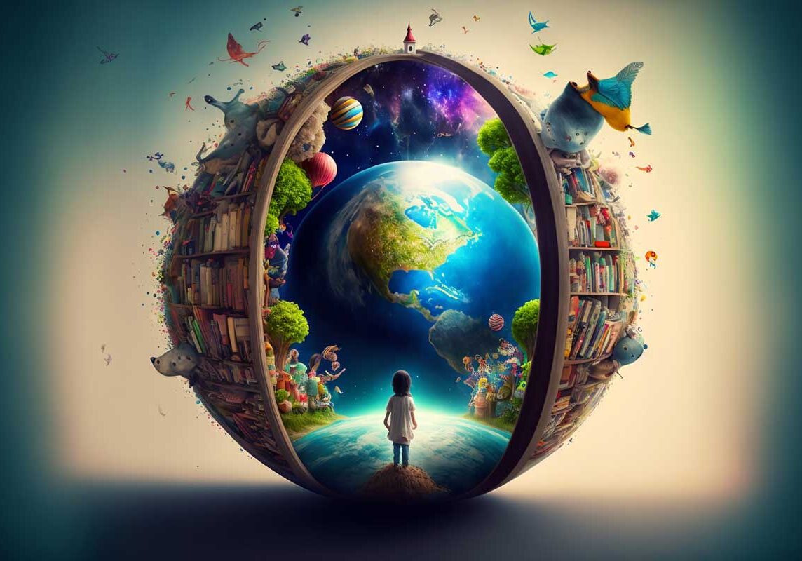 A child stands at the center of an open spherical book, gazing at a vibrant world with floating islands, trees, planets, and animals. The scene blends fantasy and reality, with imaginative landscapes and whimsical elements creating a social therapeutic atmosphere around the globe.