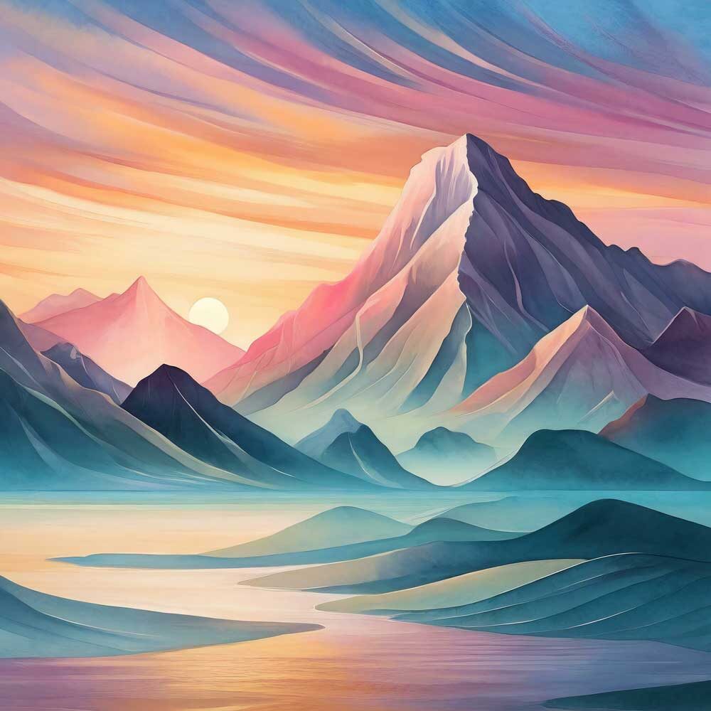 A colorful, abstract painting of a majestic mountain range under a vibrant sky evokes a sense of calm. The sun is setting or rising, casting a warm glow over the peaks and valleys. The foreground features undulating hills beside a serene body of water reflecting the sky's hues.