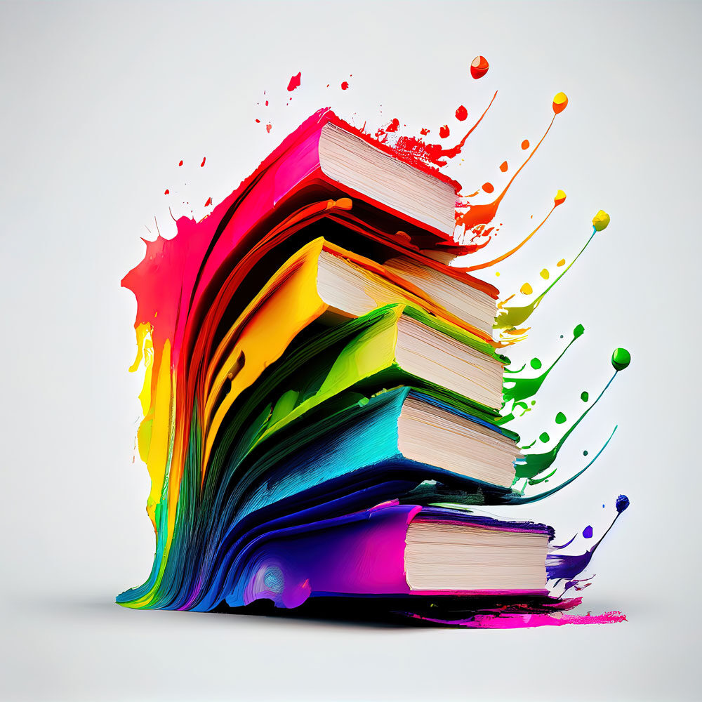 A stack of books with their pages fanning out, each splashed with vibrant colors like red, orange, yellow, green, blue, and purple, creating an artistic and dynamic burst of color against a plain white background—it's like a social therapeutic improv session for the eyes.