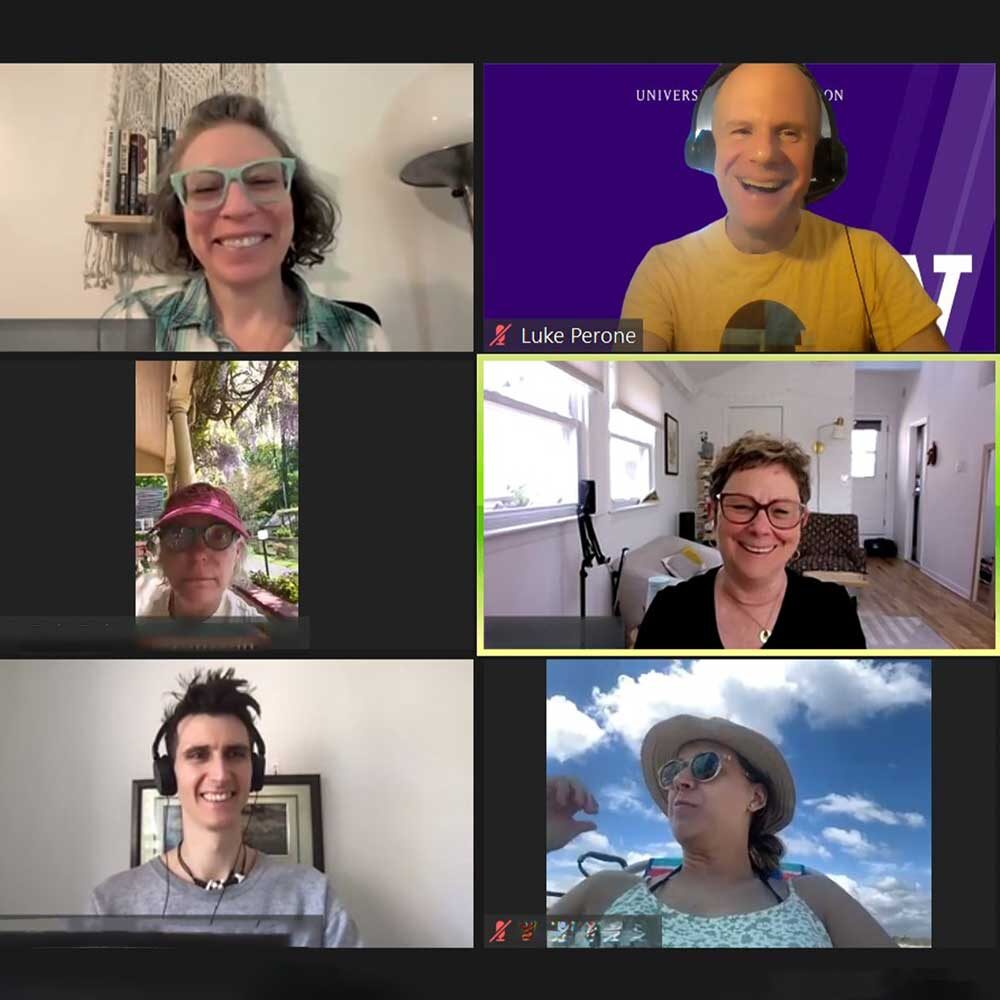 A group of six people participating in a video call. One person has a virtual background with text "University of...". Another person is outdoors wearing sunglasses and a hat, adding an improv flair. The rest appear to be indoors, smiling, and wearing headphones, creating a social therapeutic atmosphere.